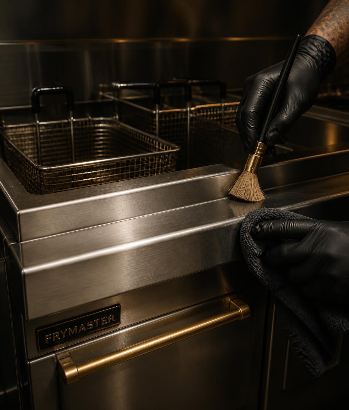 Detail cleaning of a commercial fryer cabinet with professional tools